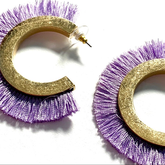 Purple Fringe Matte Gold Hoop Boho Earrings - Picture 4 of 7
